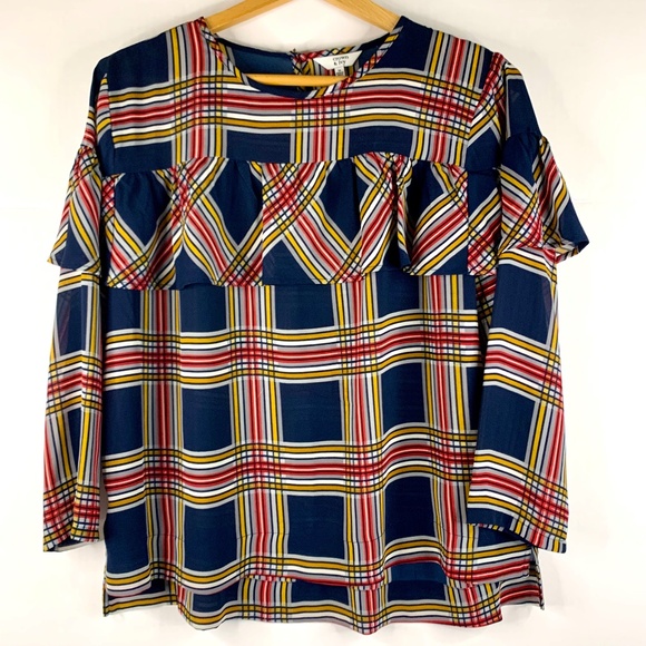Holiday Christmas party preppy Red Blue yellow ruffled plaid lightweight blouse - Picture 1 of 9